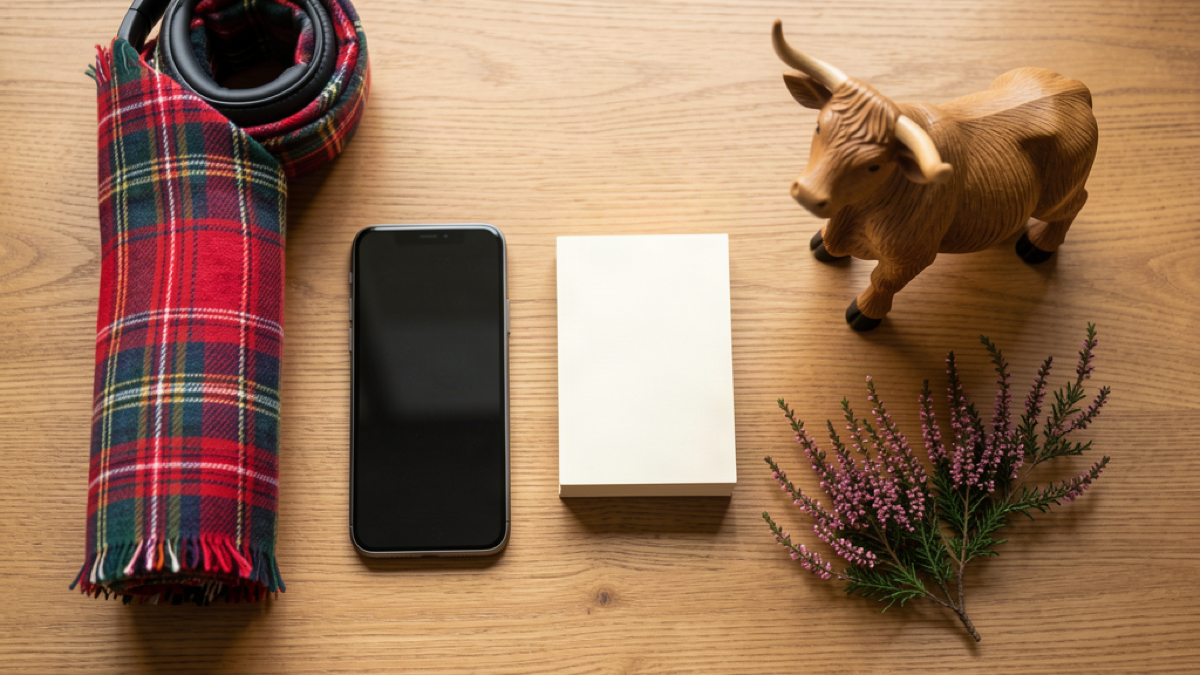 Cozy study flat-lay with a tartan scarf, flashcards, headphones and a Scottish Highlands map