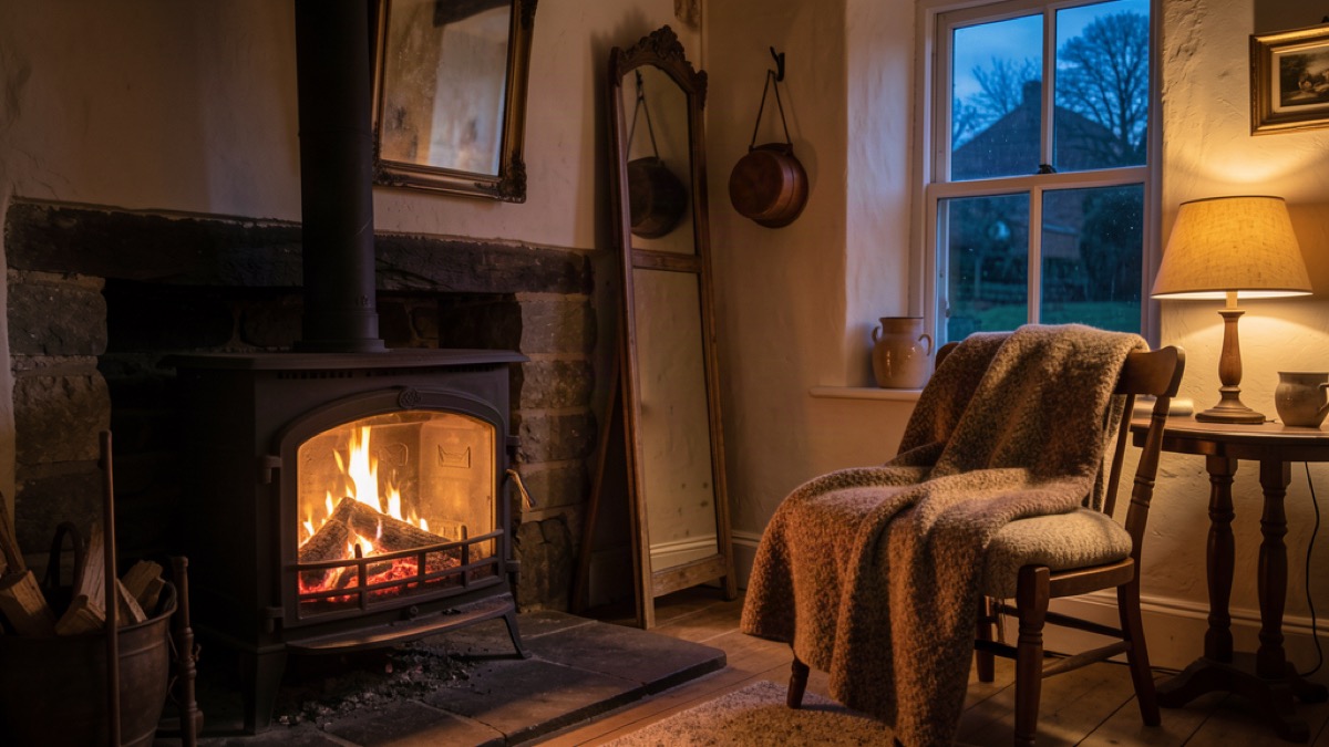Cozy Irish cottage interior with a peat fire, wool blanket and lamplight