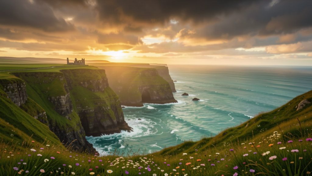 Dramatic Irish Atlantic coast with green cliffs and golden light at sunset