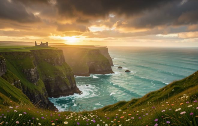 Dramatic Irish Atlantic coast with green cliffs and golden light at sunset