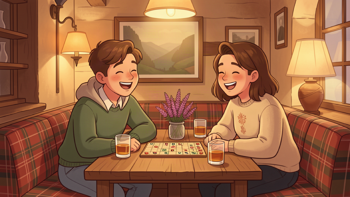 Two friends laughing over a word game in a cozy Highland pub