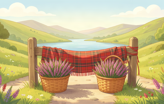Heather and Highland hills at a sunny crossroads with a tartan cloth
