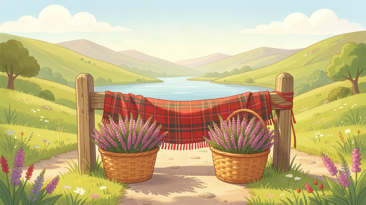 Heather and Highland hills at a sunny crossroads with a tartan cloth