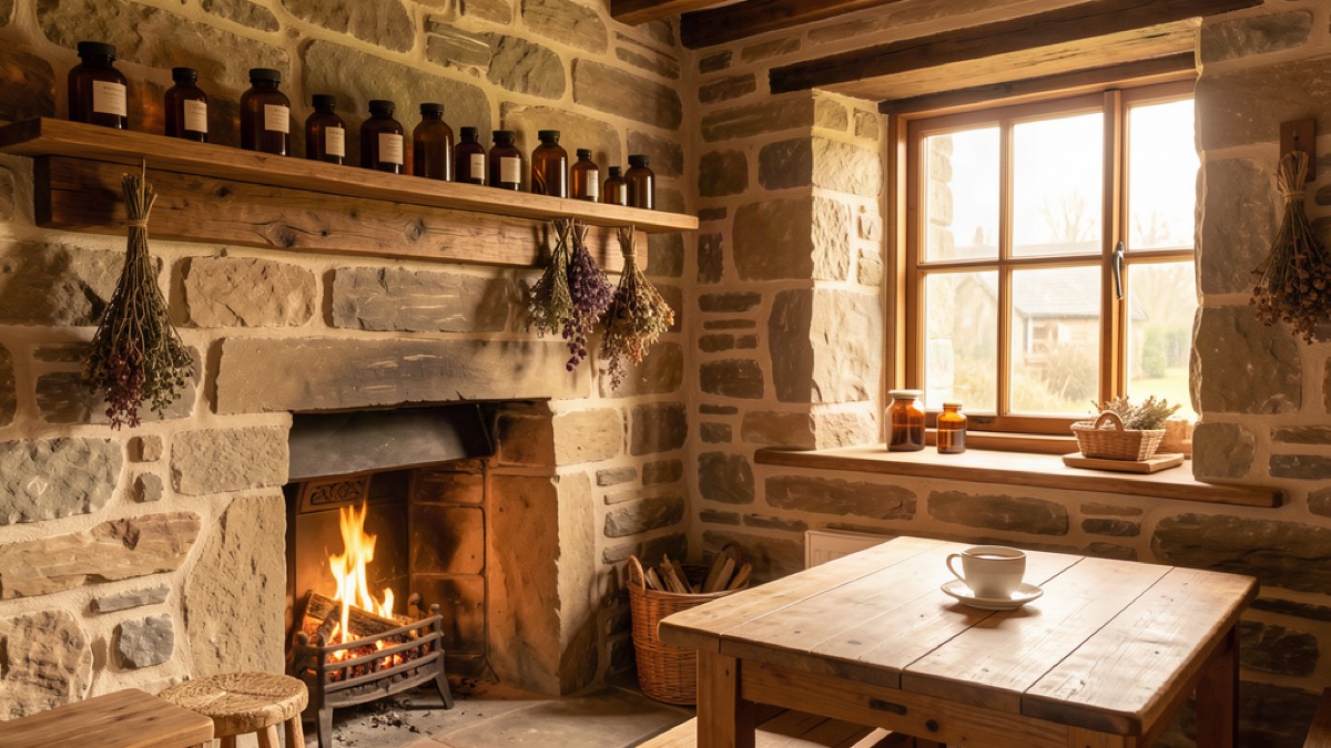 Warm stone cottage interior with shelves of medicine bottles and herbs