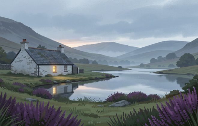 Misty Scottish Highland village with a stone cottage and loch at dawn