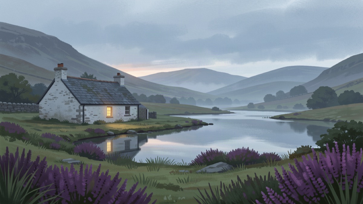 Misty Scottish Highland village with a stone cottage and loch at dawn