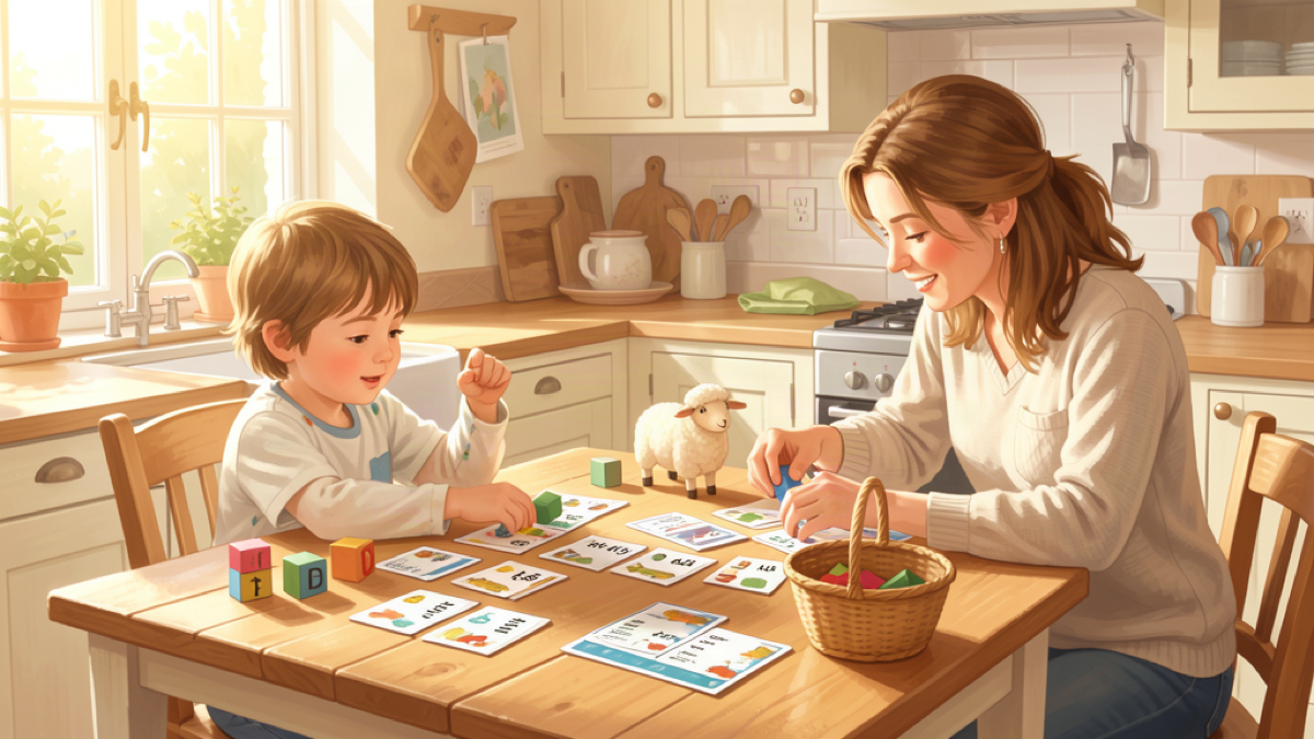 A child and parent playing with vocabulary flashcards at a bright kitchen table