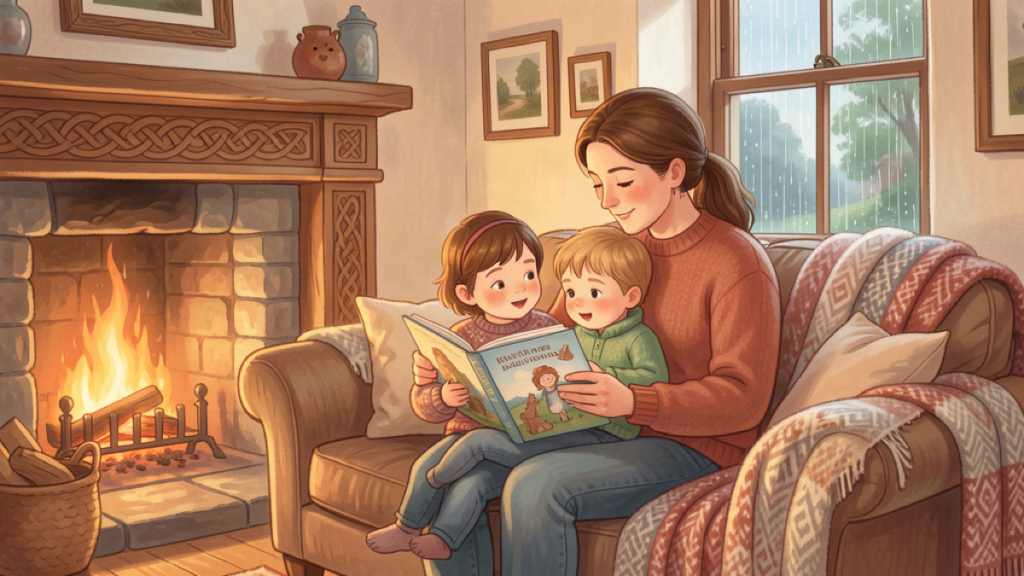 A parent reading a picture book to a child by a fireplace in an Irish cottage