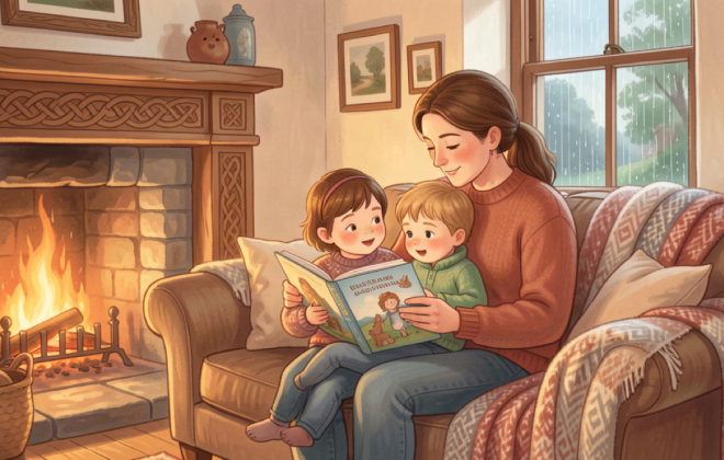 A parent reading a picture book to a child by a fireplace in an Irish cottage