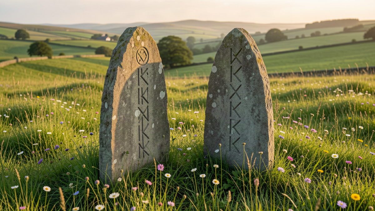 Two weathered ogham standing stones side by side in a wild Irish meadow