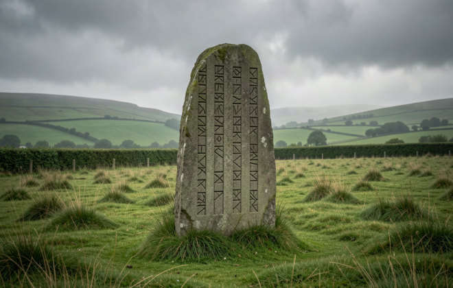 Ancient ogham inscribed standing stone in a misty Irish field with green hills