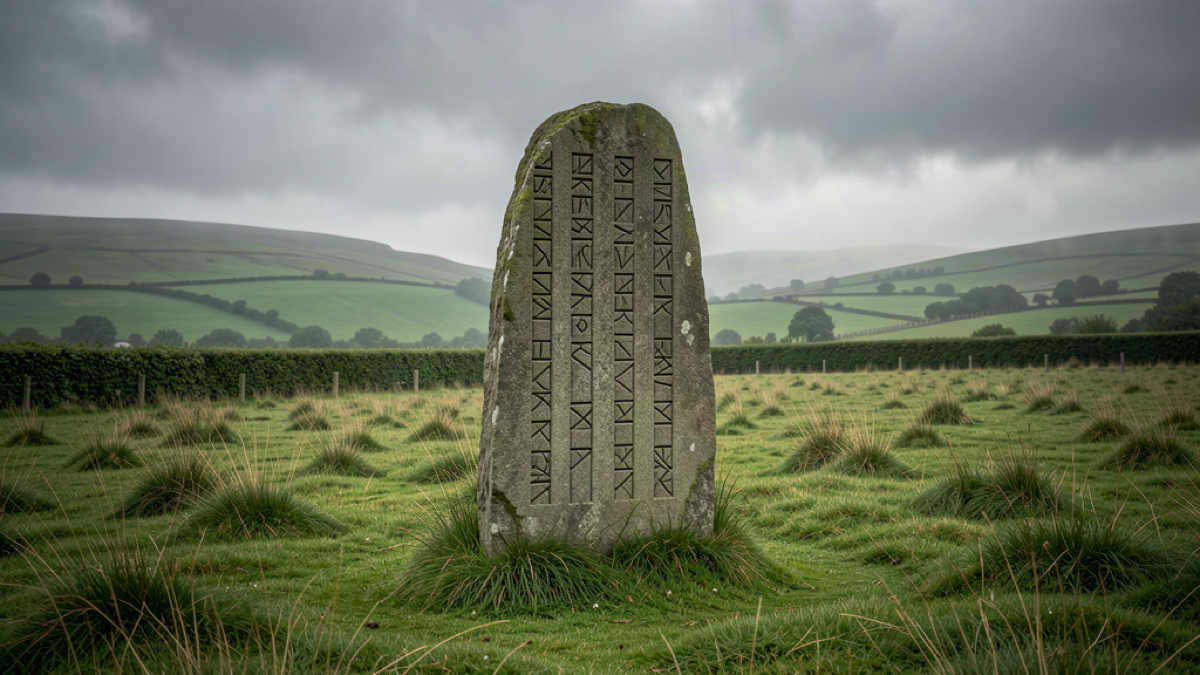 Ancient ogham inscribed standing stone in a misty Irish field with green hills