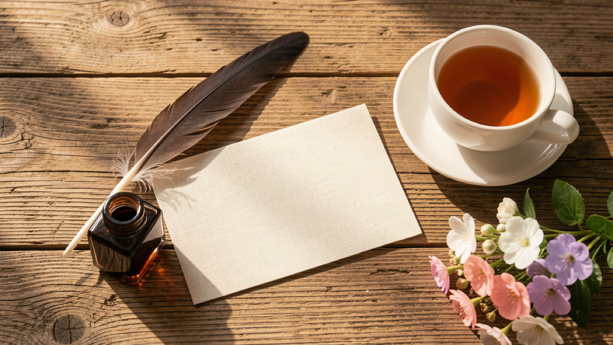 Still life of a plain note card with a quill, inkwell, tea and flowers on a rustic table