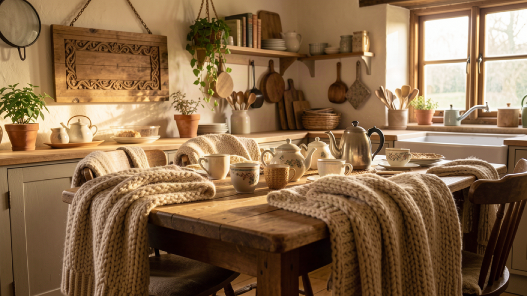 Cozy Irish cottage kitchen table set for tea with wool and warm window light