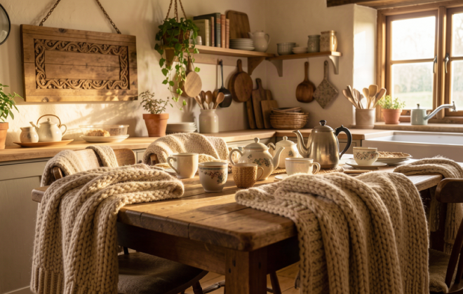 Cozy Irish cottage kitchen table set for tea with wool and warm window light
