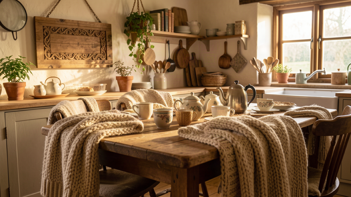 Cozy Irish cottage kitchen table set for tea with wool and warm window light