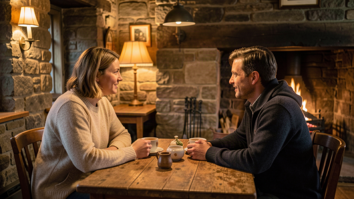 Two friends talking over coffee in a cozy traditional Scottish pub with warm lamplight
