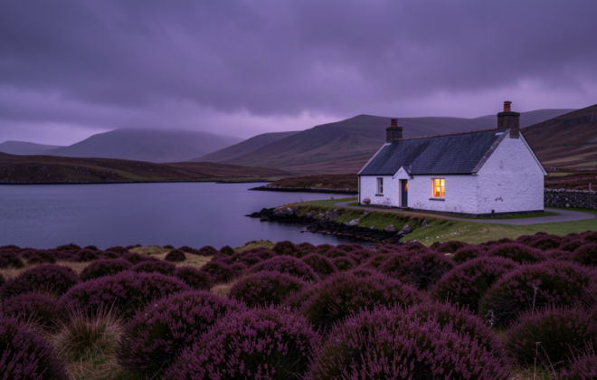 Scottish Highland coastal croft cottage with a lit window beside a loch at dusk