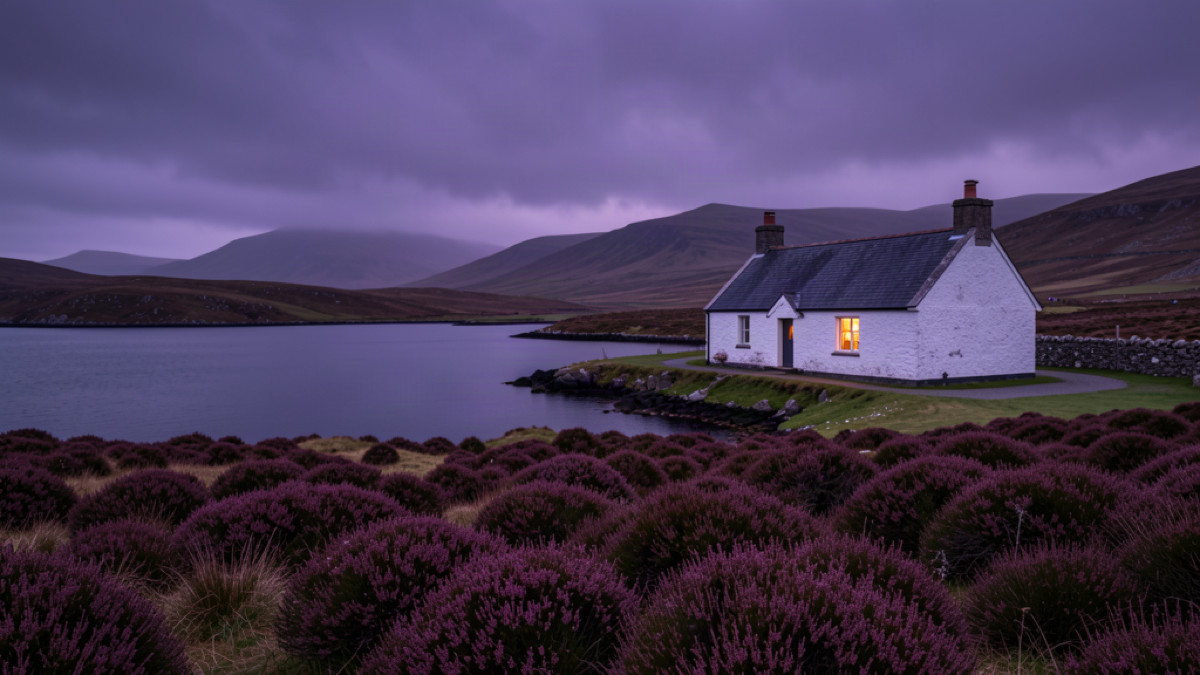 Scottish Highland coastal croft cottage with a lit window beside a loch at dusk