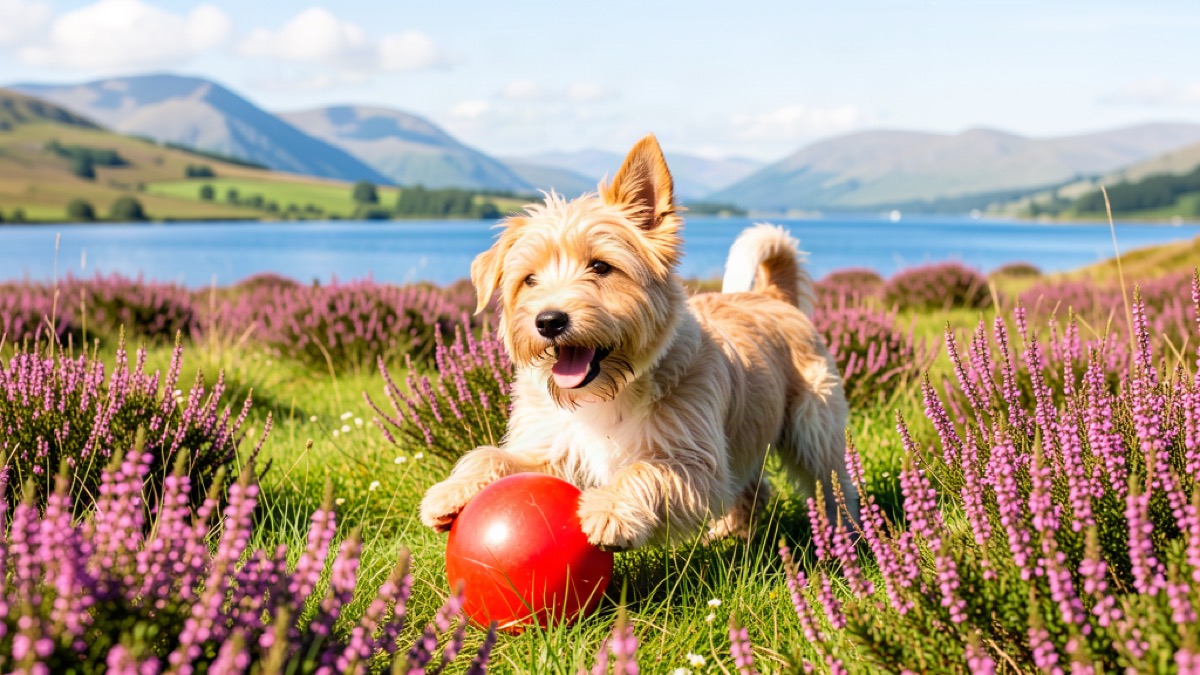 Happy West Highland terrier playing with a ball in a field of heather