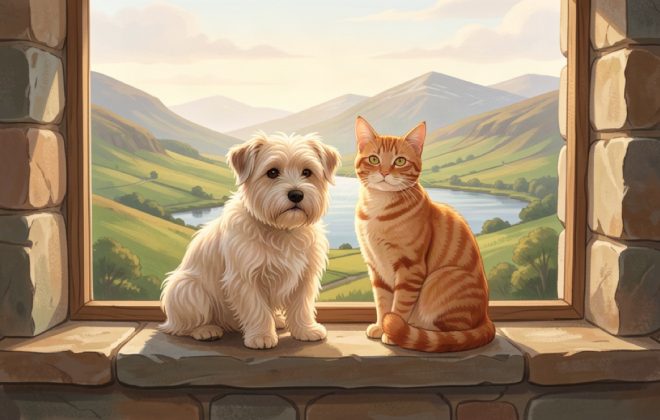 West Highland terrier and an orange tabby cat on a cottage windowsill over a glen