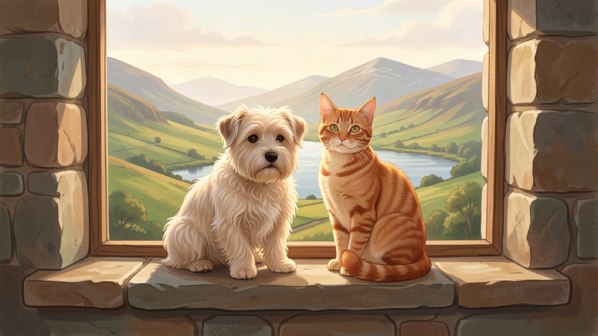 West Highland terrier and an orange tabby cat on a cottage windowsill over a glen